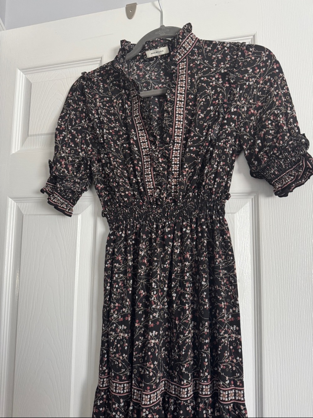Max Studio Black Floral Midi Dress with Pink Accents Sz S